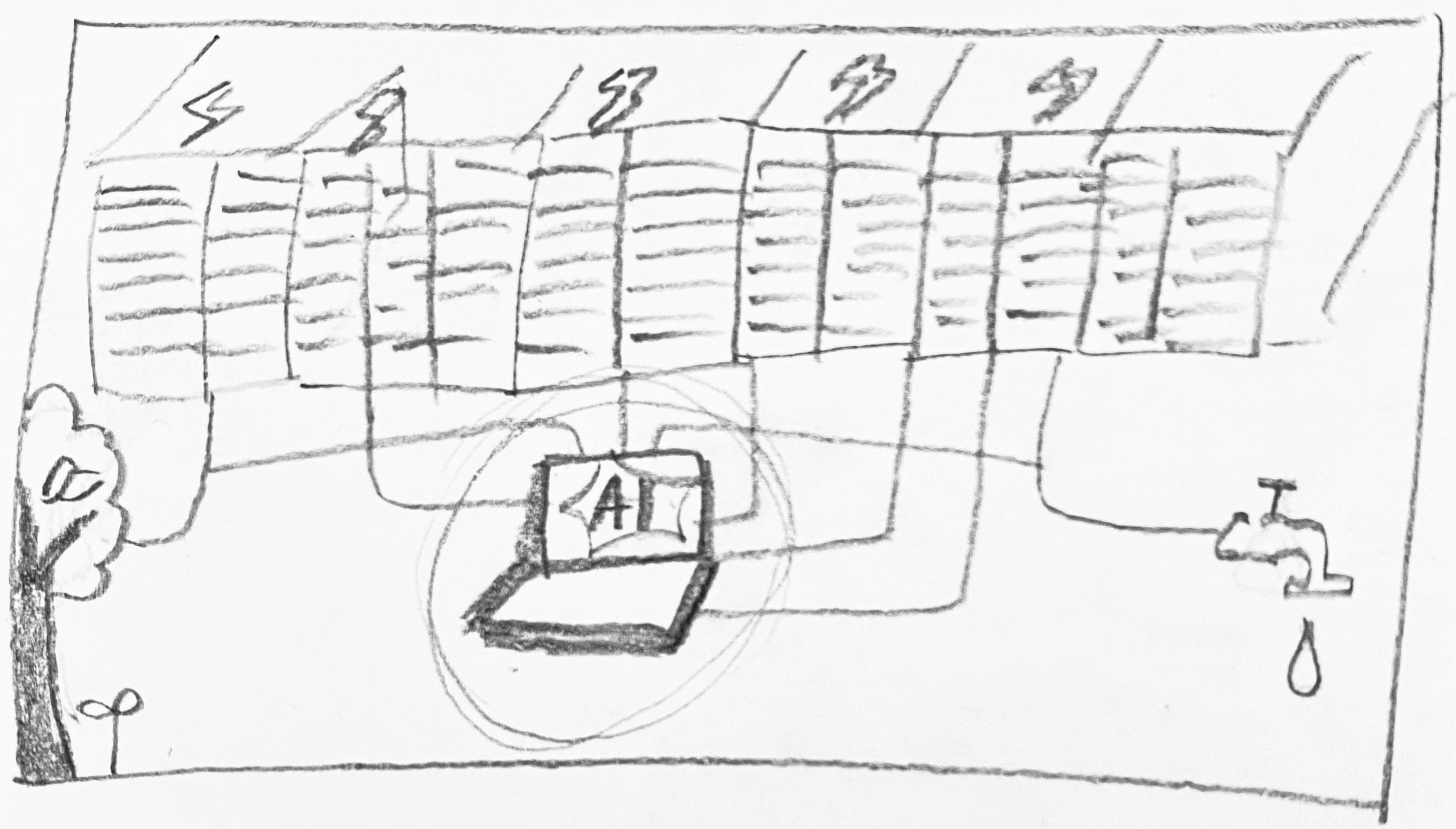 Drawing of datacenters connected to water source, trees and laptop labeled with AI